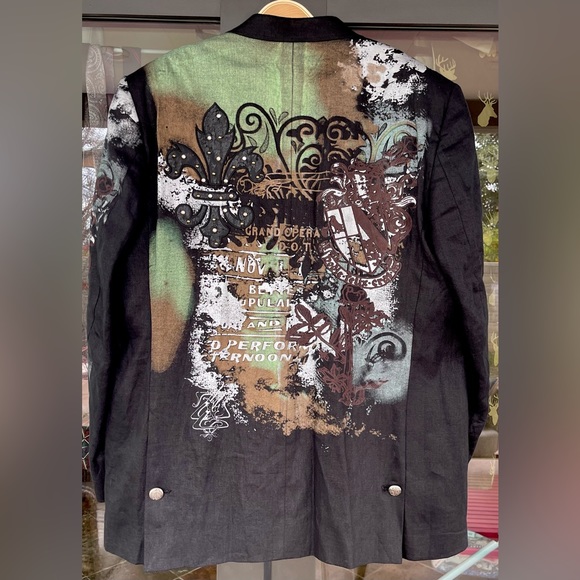 Lanzino Other - LANZINO ~ Fantastic Men’s Graphic Print 100% Black Linen Blazer ~ Size XXL